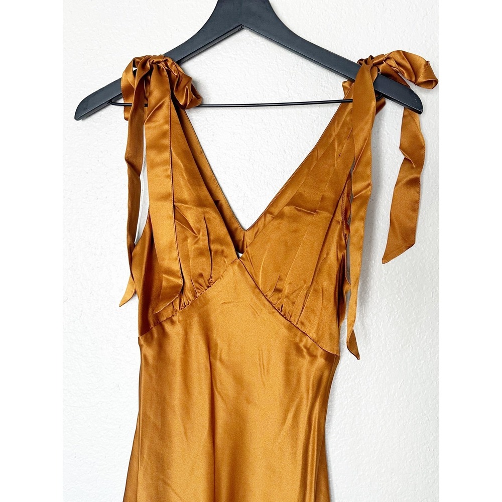 Reformation Pernille‎ Tie-Strap Silk Maxi Dress Bronze Gold V-Neck Gown Medium - Picture 3 of 10